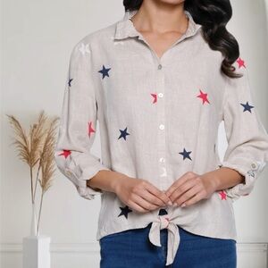 NWT John Mark Star Embroidered Linen Tie-front Top Sz XL American